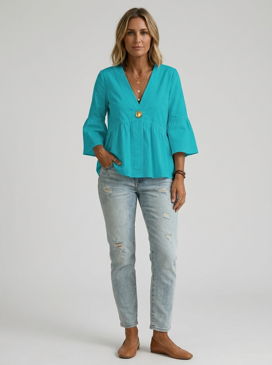 Casual Relaxed V-Neck Peplum Top in Turquoise - Bell Sleeve Single-Button Blouse