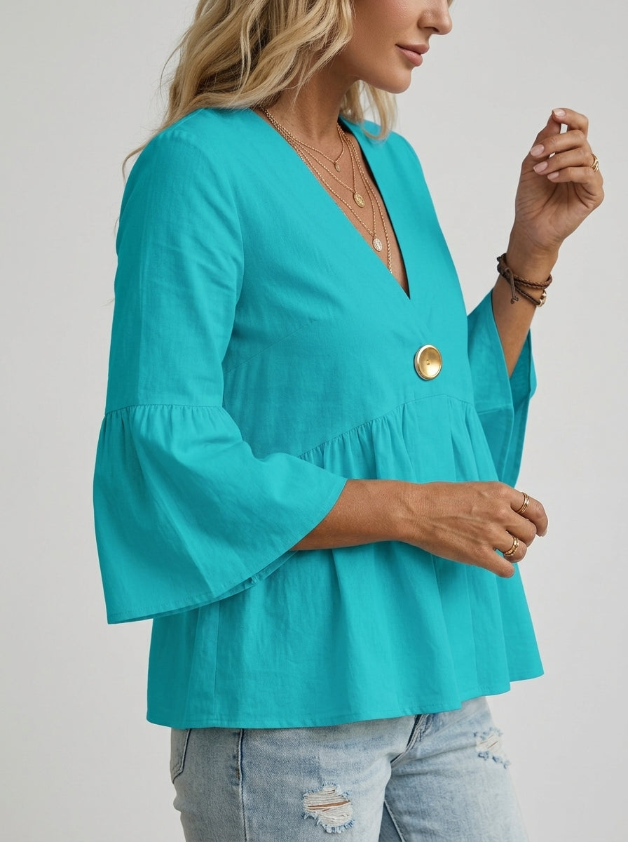 Casual Relaxed V-Neck Peplum Top in Turquoise - Bell Sleeve Single-Button Blouse