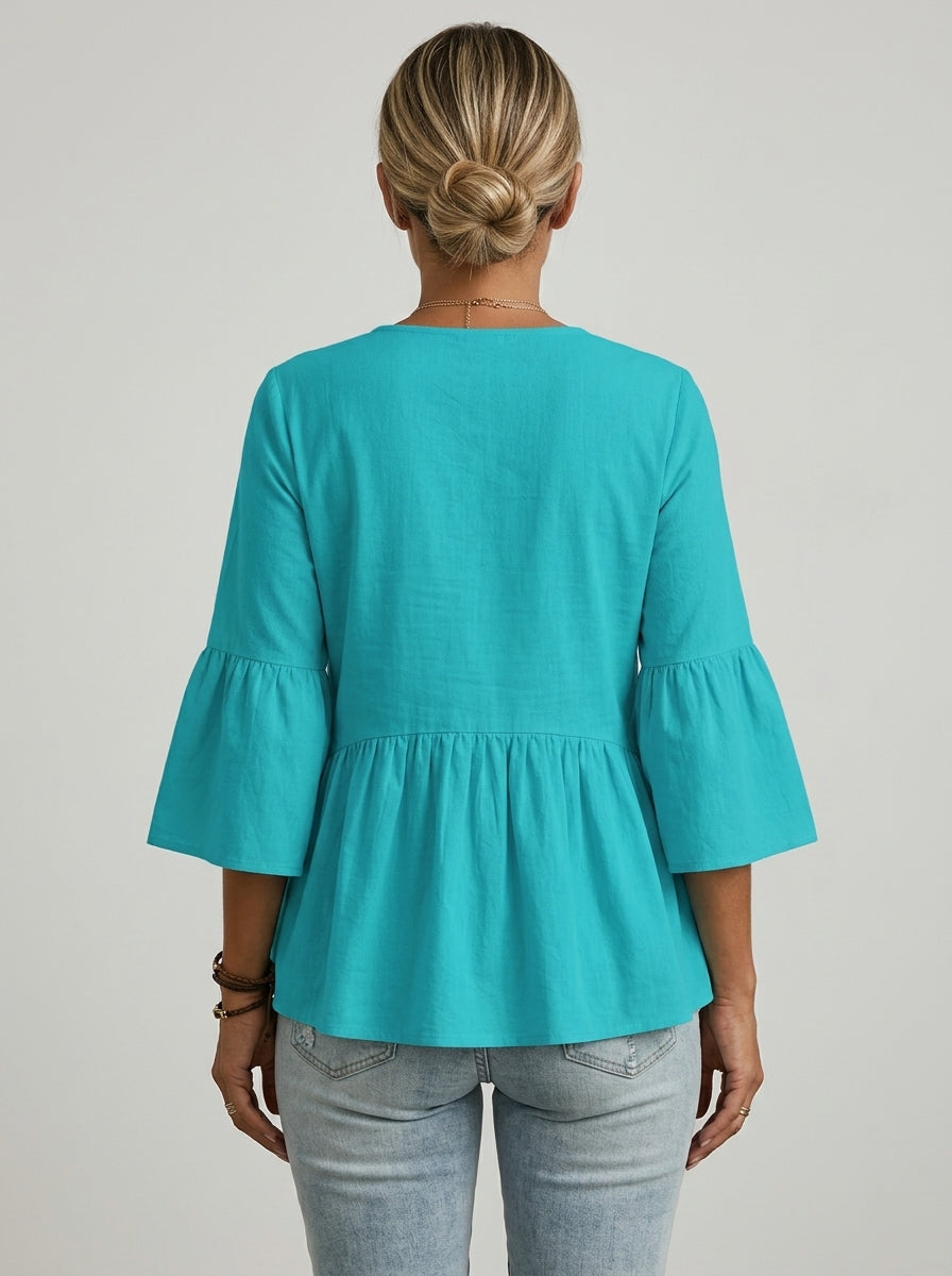 Casual Relaxed V-Neck Peplum Top in Turquoise - Bell Sleeve Single-Button Blouse