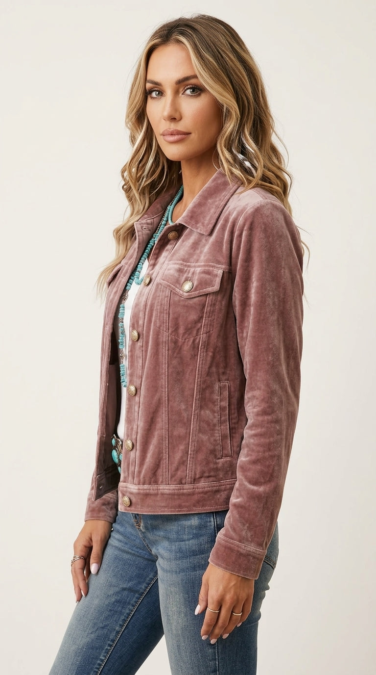 Rosalind Velvet Jacket in Mauve - Classic Collar Trucker Jacket