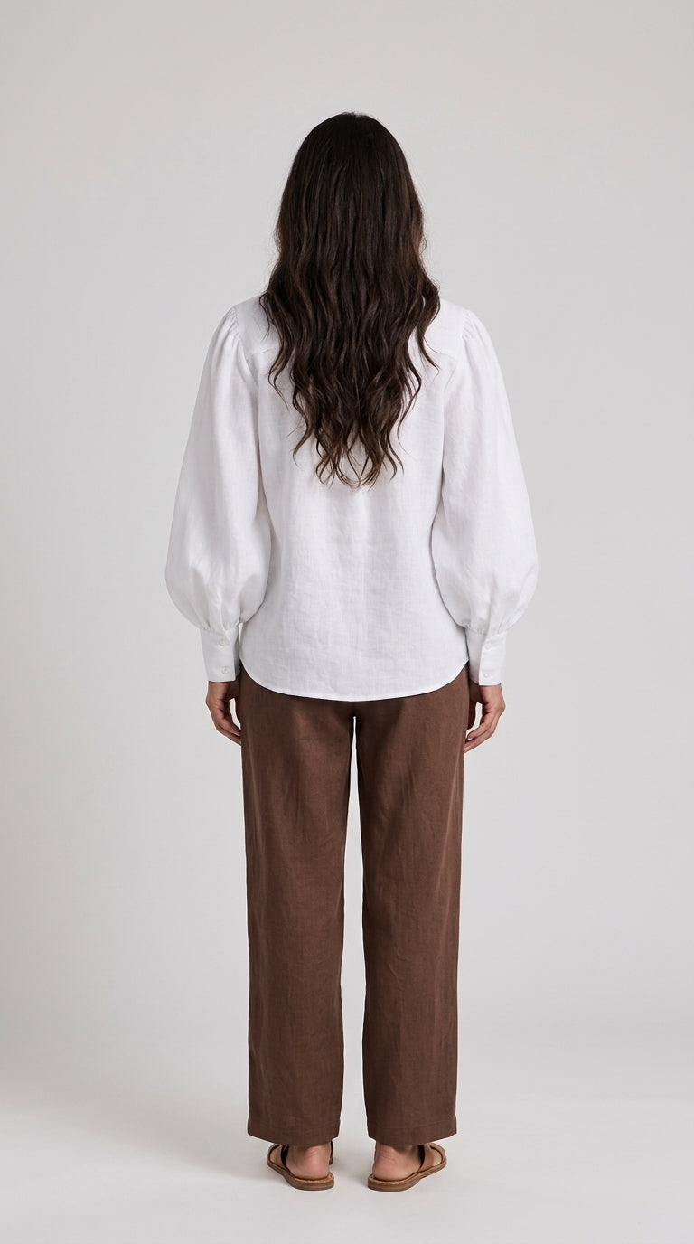 Linen Puff Sleeve Blouse in White - Button-Up Balloon Sleeve Shirt