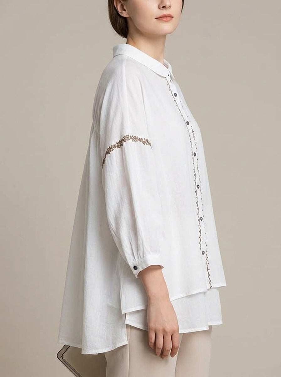Loose Vintage Blouse - White Peter Pan Collar Embroidered Sleeve Top