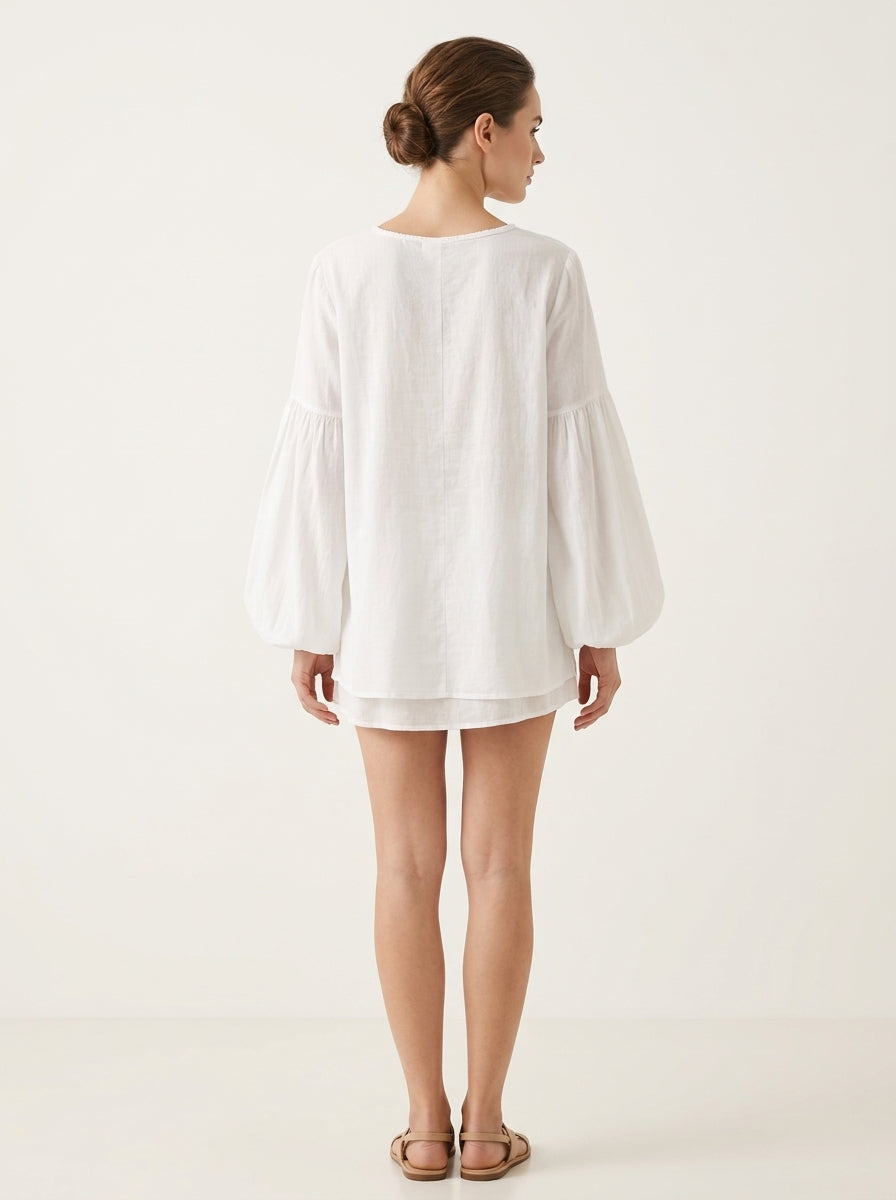Versatile Boho Embroidered Blouse - White Round Neck Long Sleeve Top
