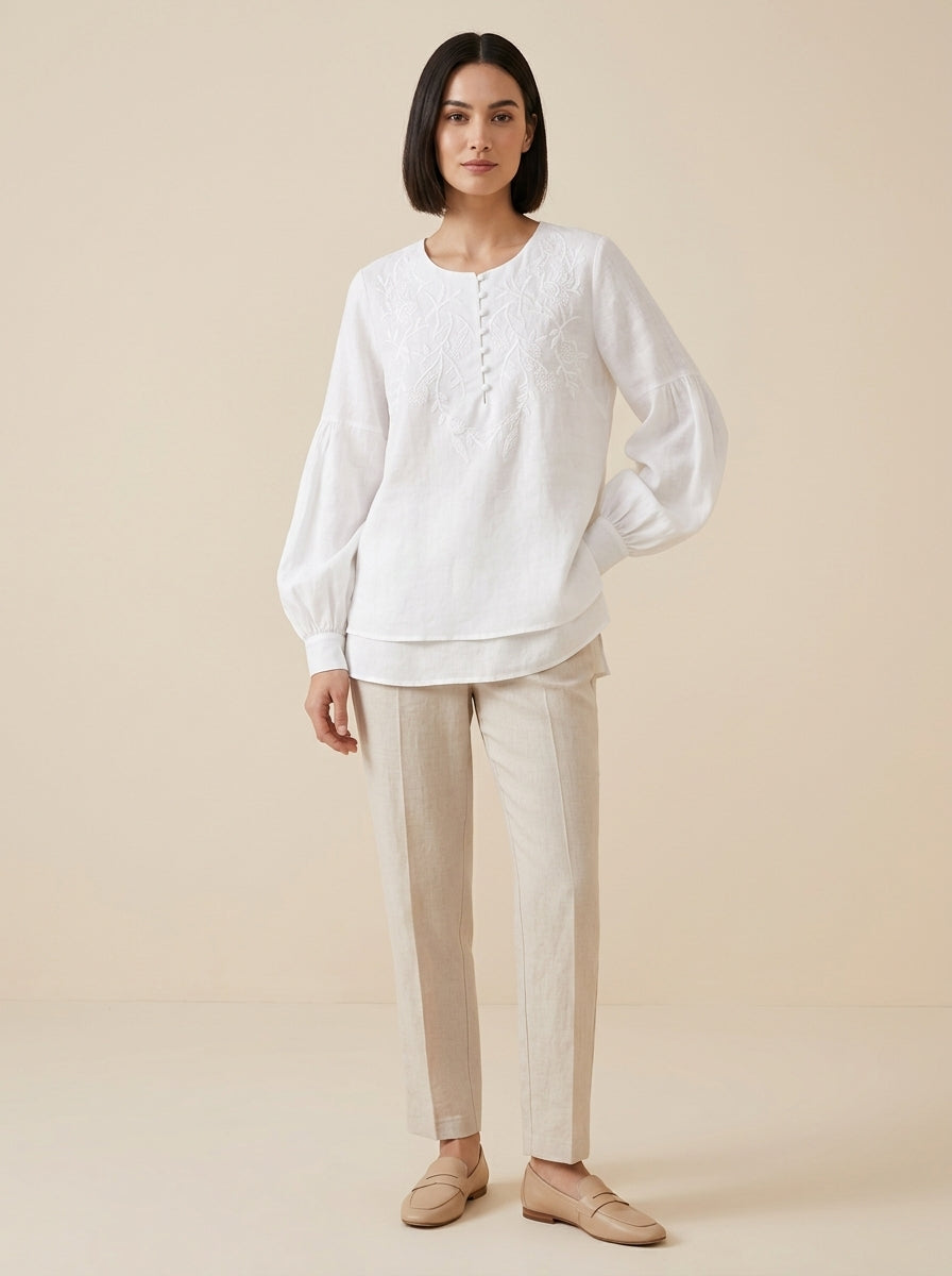 Versatile Boho Embroidered Blouse - White Round Neck Long Sleeve Top