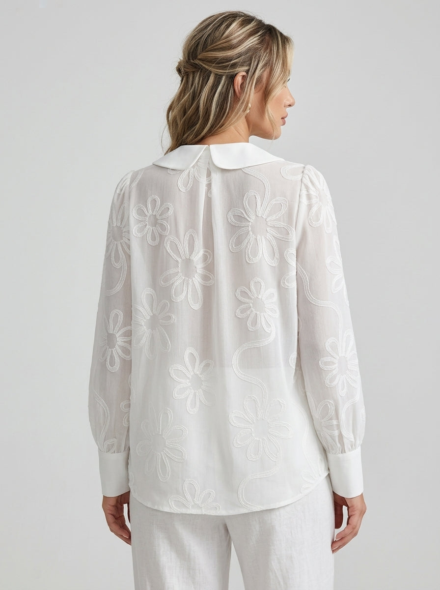 Vintage Cotton Blouse - White Peter Pan Collar Floral Embroidered Long Sleeve Top