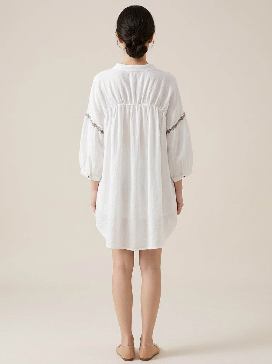 Loose Vintage Blouse - White Peter Pan Collar Embroidered Sleeve Top