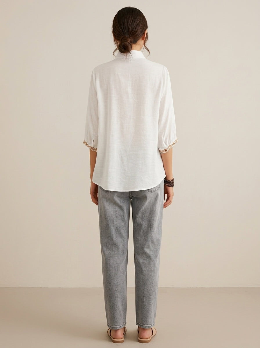 Vintage Cotton Shirt - White Embroidered Placket Half Sleeve Top