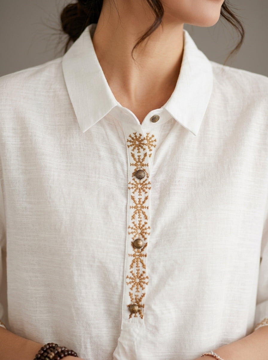 Vintage Cotton Shirt - White Embroidered Placket Half Sleeve Top