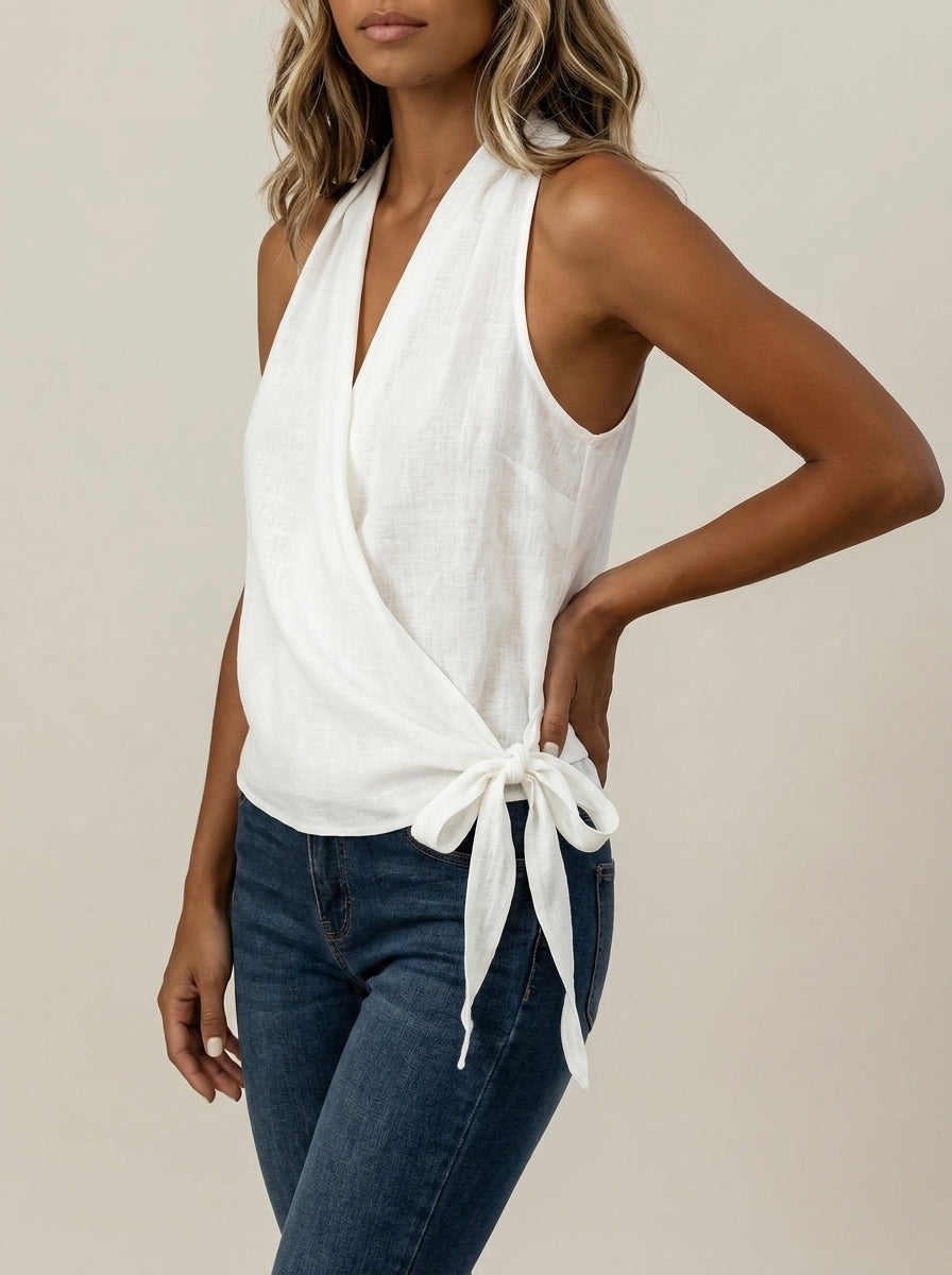 Wrap Front Halter Neck Tie-Waist Top - Sleeveless Blouse