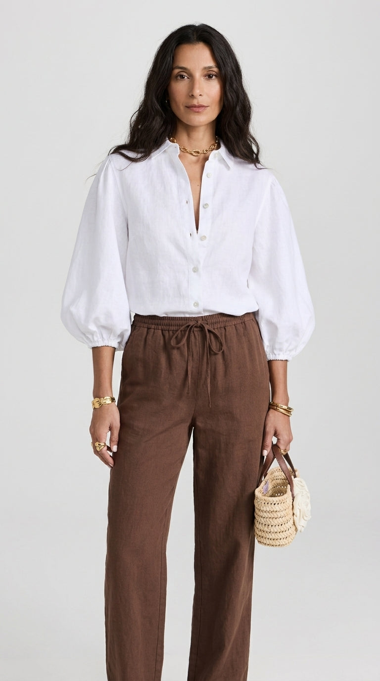 Linen Puff Sleeve Blouse in White - Button-Up Balloon Sleeve Shirt
