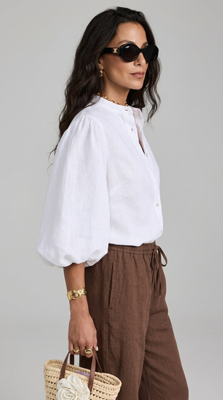 Linen Puff Sleeve Blouse in White - Button-Up Balloon Sleeve Shirt