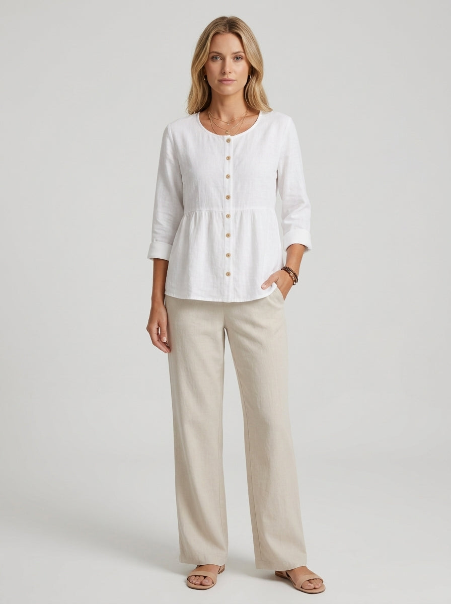 White Linen Cotton Blend Shirt - Round Neck Button-Up Peplum Top