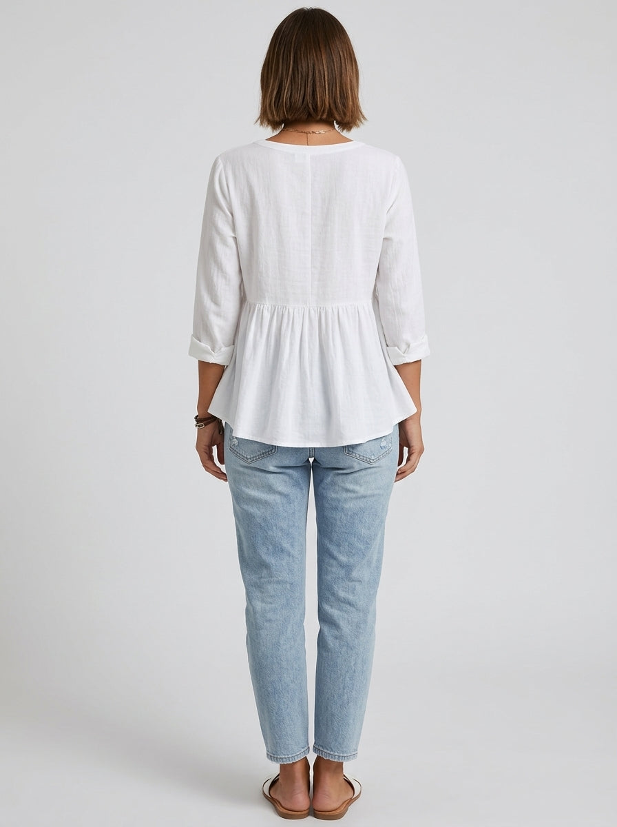 White Linen Cotton Blend Shirt - Round Neck Button-Up Peplum Top