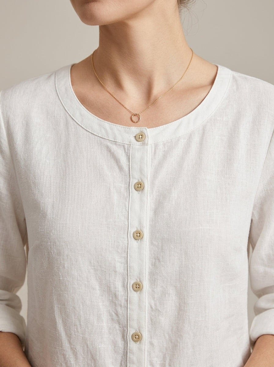White Linen Cotton Blend Shirt - Round Neck Button-Up Peplum Top