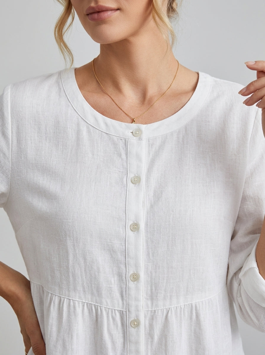 White Linen Cotton Blend Shirt - Round Neck Button-Up Peplum Top