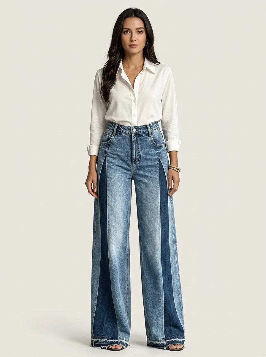 Color-Block Patchwork Wide-Leg Jeans - High-Waist Contrast Denim Pants