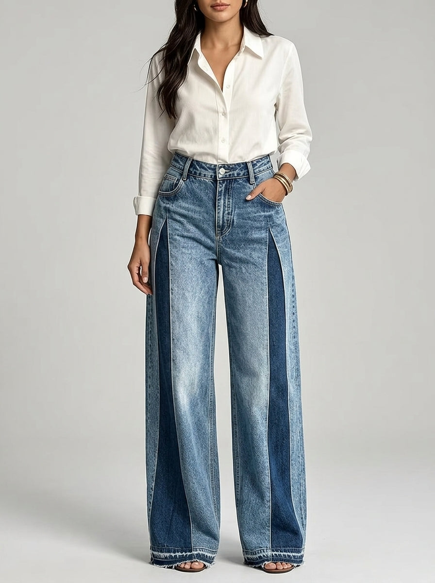 Color-Block Patchwork Wide-Leg Jeans - High-Waist Contrast Denim Pants