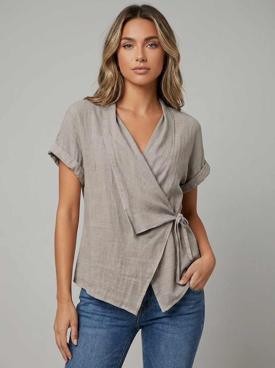 Wrap Front Tie-Waist Top - V-Neck Short Sleeve Blouse