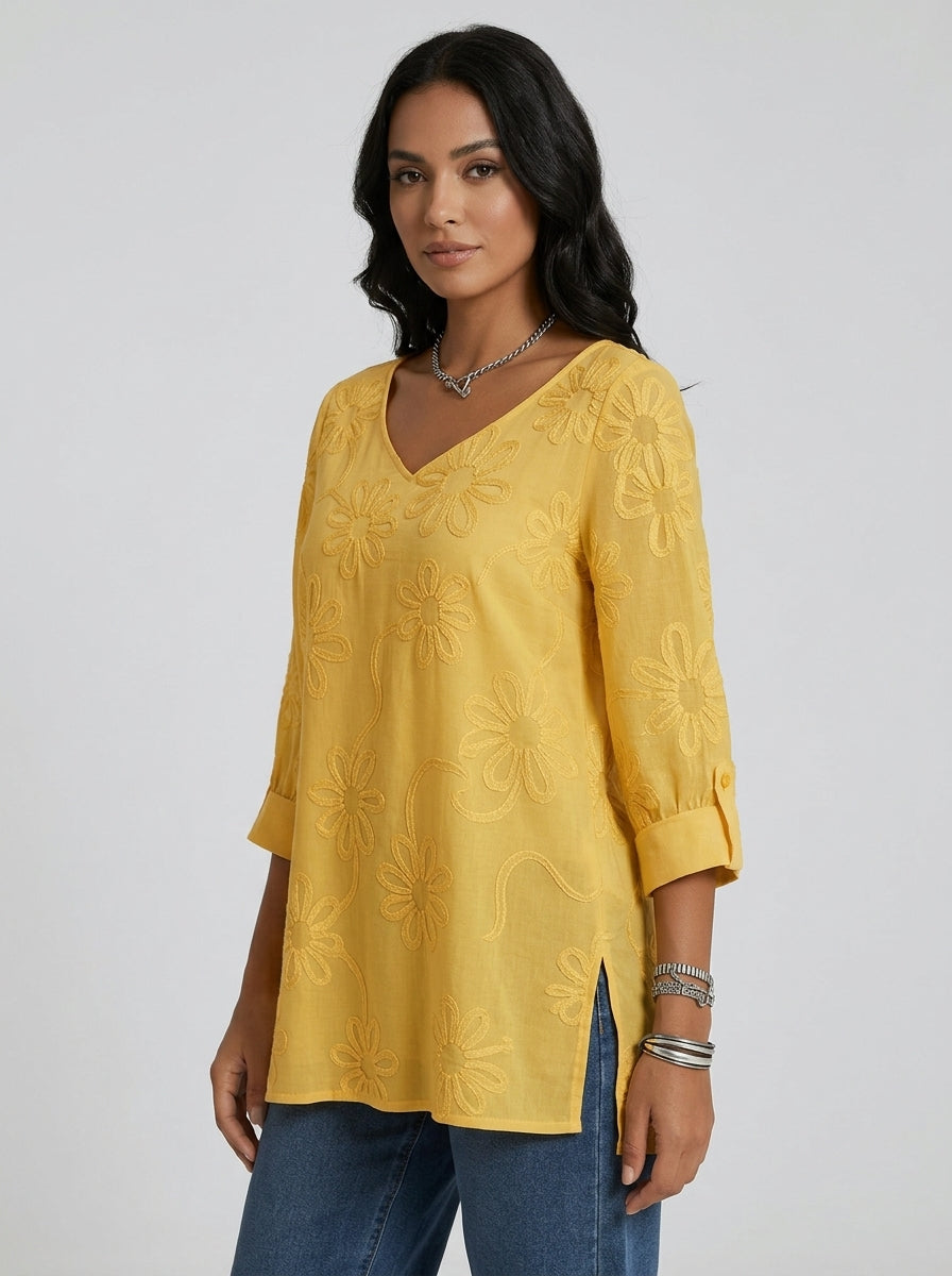 Casual Cotton Blouse - Yellow V-Neck 3/4 Sleeve Floral Embroidered Top