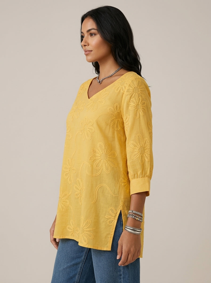 Casual Cotton Blouse - Yellow V-Neck 3/4 Sleeve Floral Embroidered Top