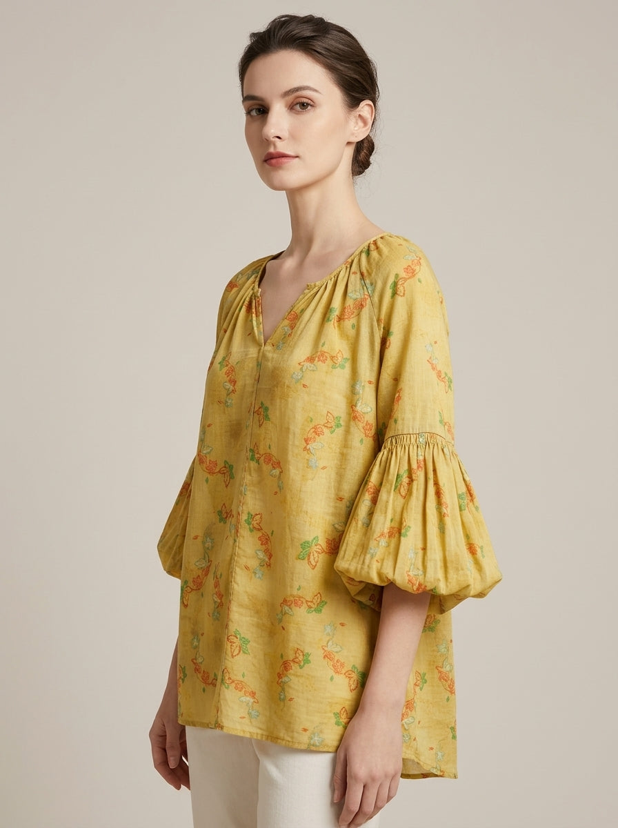 Loose Boho Cotton Blouse - Yellow Floral Print V-Neck Peasant Top