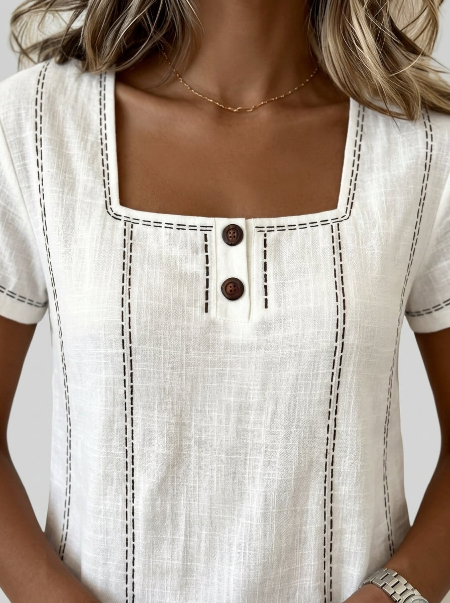 White Square Neck Contrast Stitch Blouse - Two-Button Casual Top