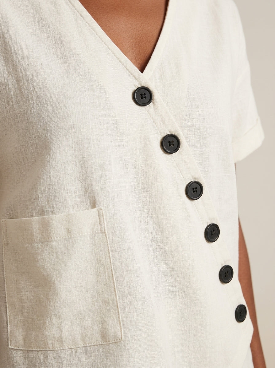 White Asymmetric Button Blouse - V-Neck Patch Pocket Casual Top