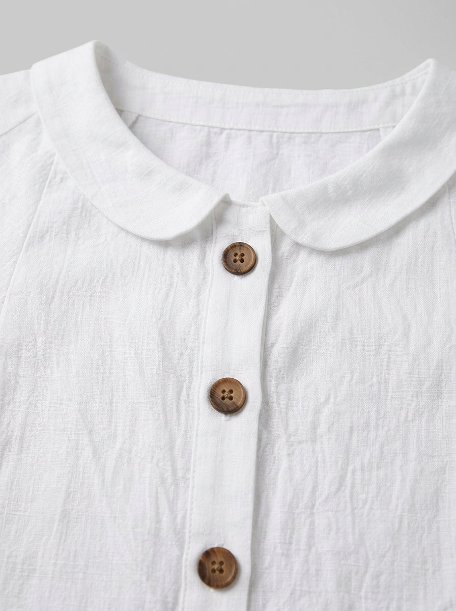 White Collared Button-Front Blouse - Casual Cotton Short Sleeve Top