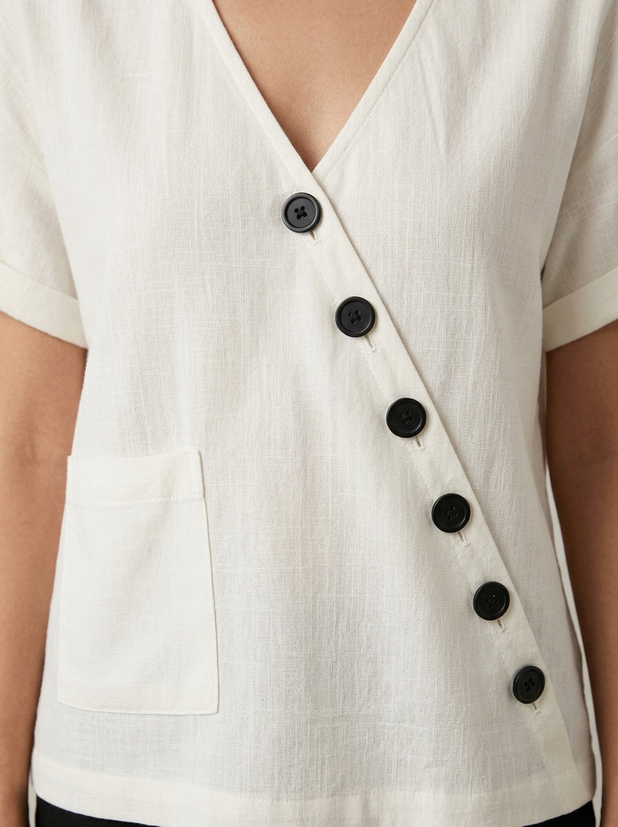 White Asymmetric Button Blouse - V-Neck Patch Pocket Casual Top
