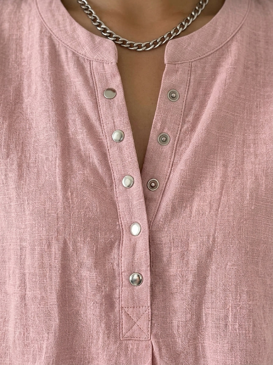 Casual Cotton Linen Henley Top in Dusty Pink - Snap-Button Short Sleeve Blouse
