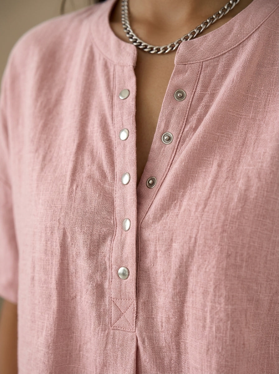 Casual Cotton Linen Henley Top in Dusty Pink - Snap-Button Short Sleeve Blouse