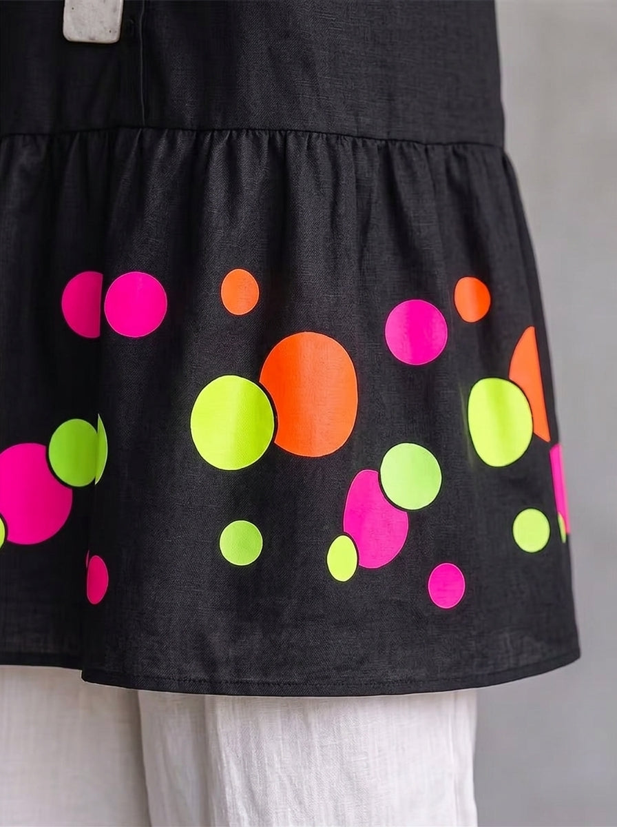 Neon Polka Dot Peplum Tunic - Black Ruffle V-Neck Bishop Sleeve Blouse