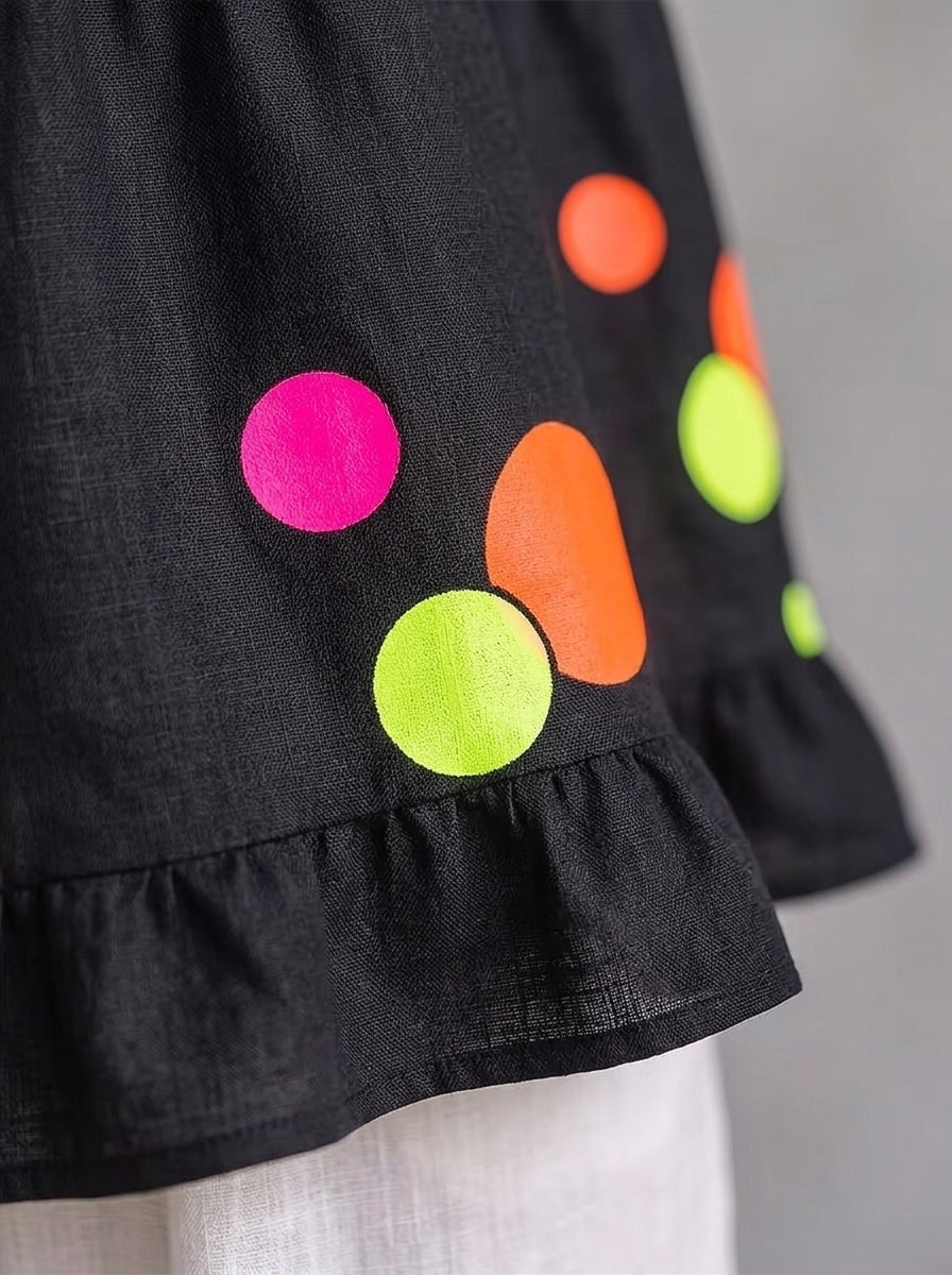 Neon Polka Dot Peplum Tunic - Black Ruffle V-Neck Bishop Sleeve Blouse