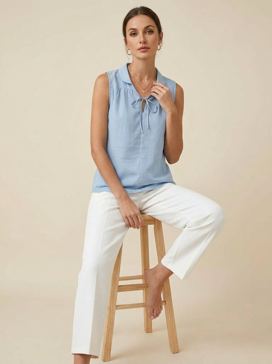 Light Blue Tie-Neck Collared Blouse - Sleeveless Cotton Top