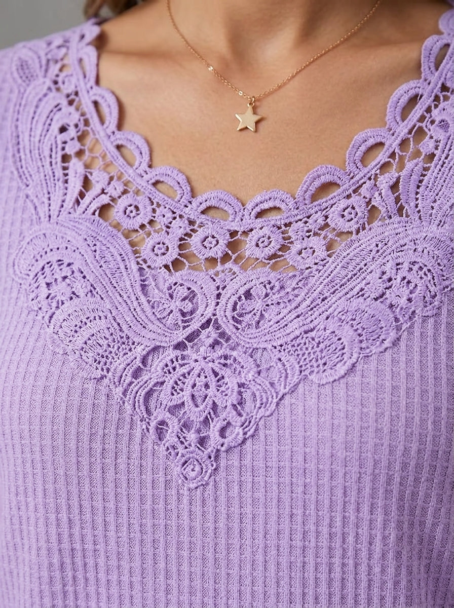 Lace Insert V-Neck Long Sleeve Top - Purple Scalloped Crochet Trim Blouse