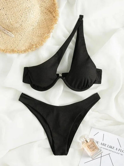 Solid Asymmetrical Bikini Set