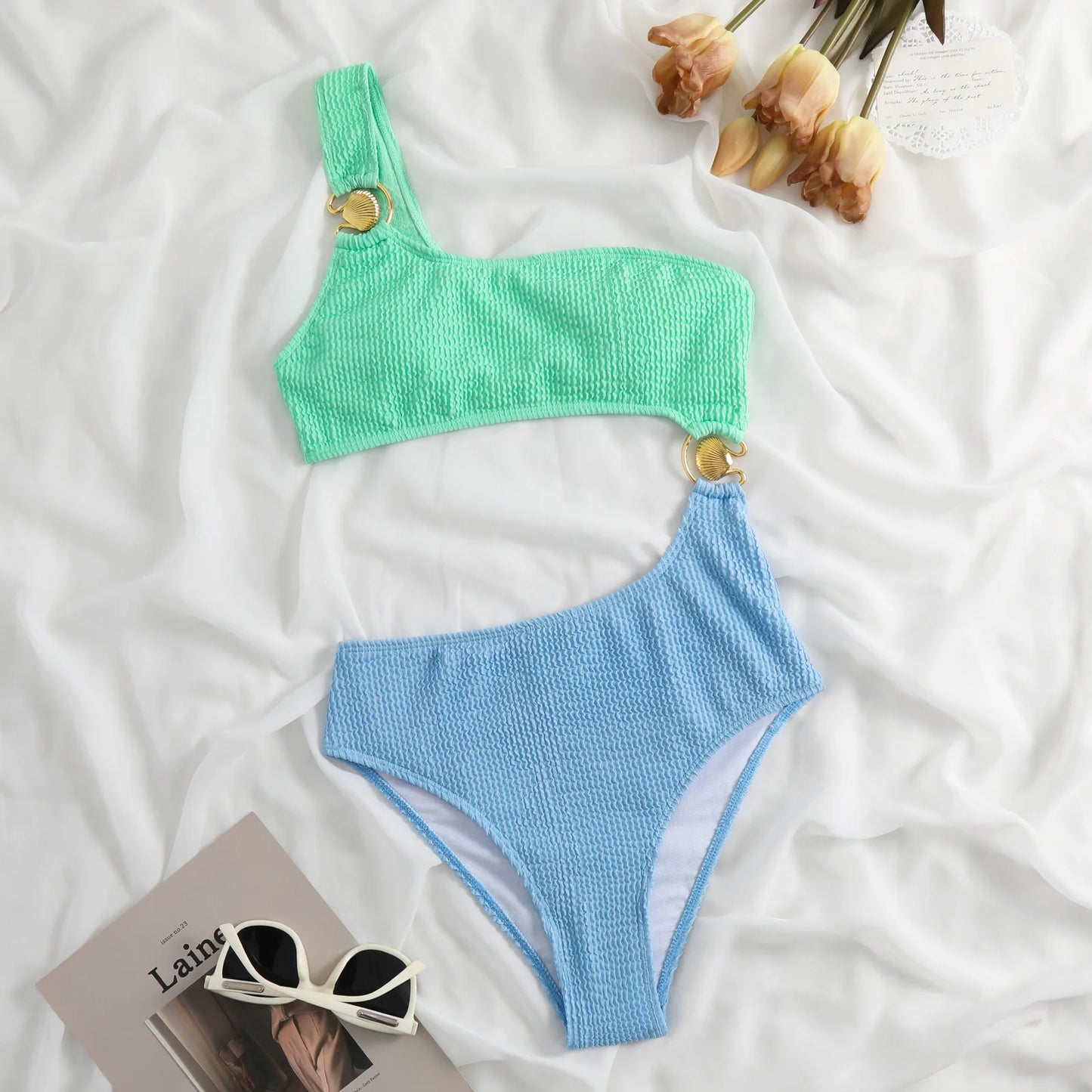 Bicolor Asymmetrical One Piece Swimsuit