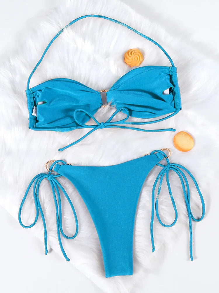 Solid Halter O-Ring Bikini Set