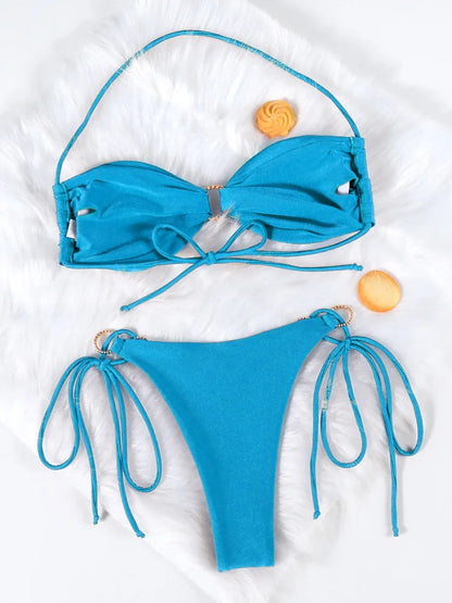 Solid Halter O-Ring Bikini Set