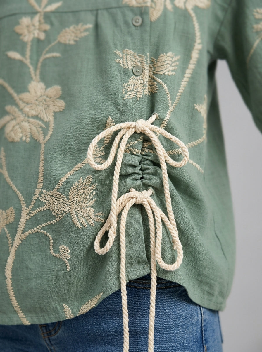 Casual Floral Embroidered Drawstring Hem Top in Sage Green - Round Neck Button Placket Top