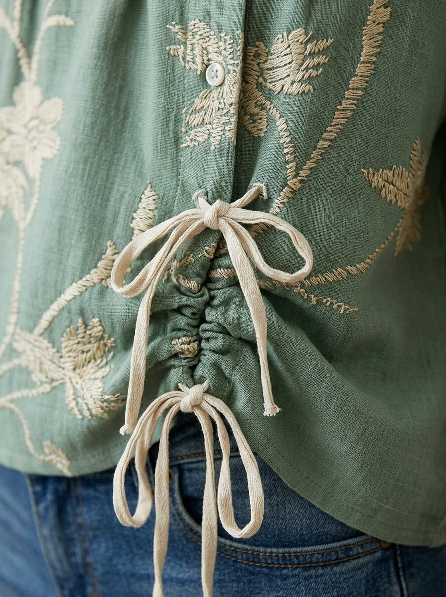 Casual Floral Embroidered Drawstring Hem Top in Sage Green - Round Neck Button Placket Top