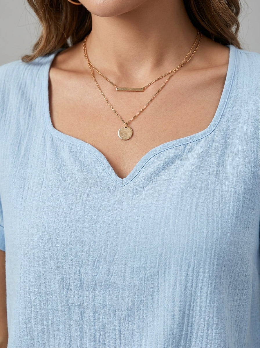 Sweetheart Neckline Short Sleeve Top - Solid Color Casual Blouse