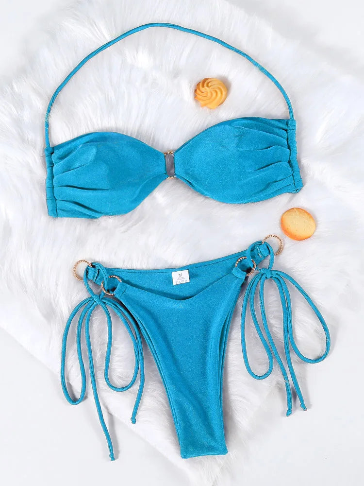 Solid Halter O-Ring Bikini Set