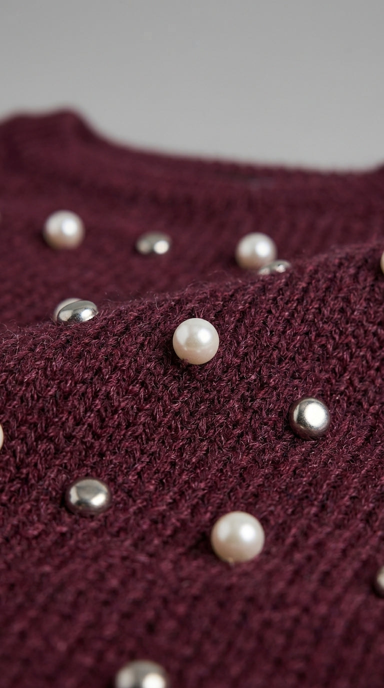 Sabrina Studded Sweater in Burgundy - Crew Neck Pearl-Embellished Knit