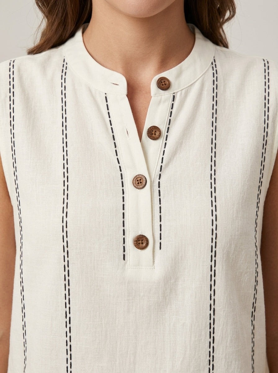 White Contrast Stitch Henley - Sleeveless Mandarin Collar Casual Top