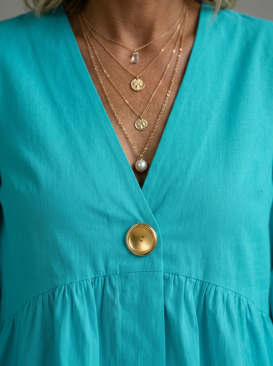 Casual Relaxed V-Neck Peplum Top in Turquoise - Bell Sleeve Single-Button Blouse