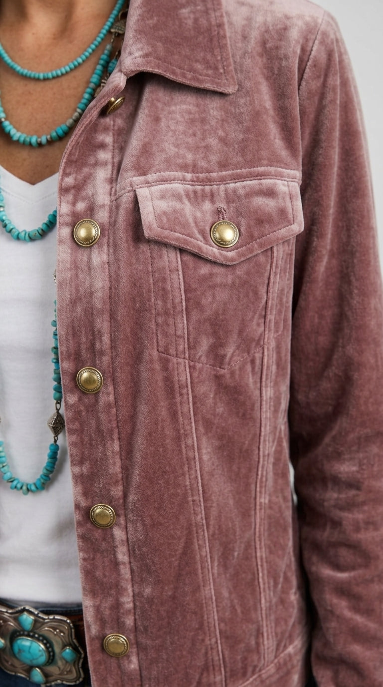 Rosalind Velvet Jacket in Mauve - Classic Collar Trucker Jacket