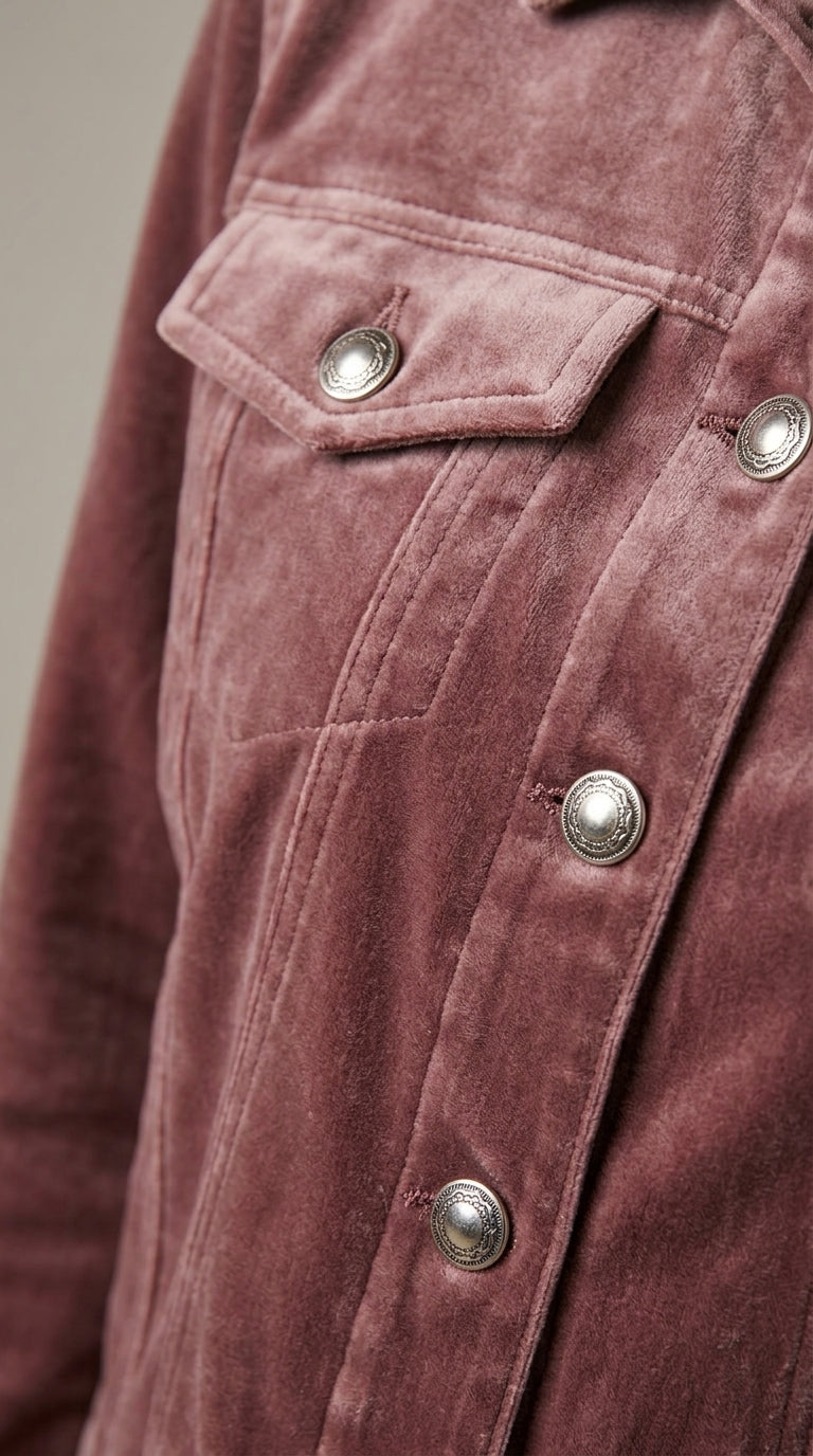 Rosalind Velvet Jacket in Mauve - Classic Collar Trucker Jacket