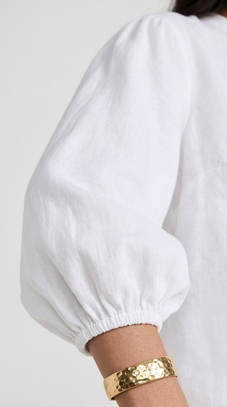 Linen Puff Sleeve Blouse in White - Button-Up Balloon Sleeve Shirt