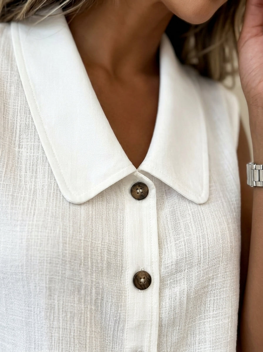 Casual Solid Color Sleeveless Collared Shirt in White - Notched Collar Button-Up Top